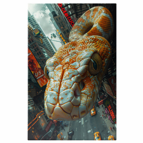 Oraș - Marele Șarpe Alb-Portocaliu cu Ochii Îngrozitori Printre Blocuri - Pictură Digitală, Marime 40x25CM