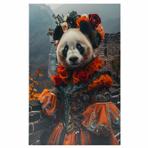Tablou Canvas Ursoaica Panda cu Coronită pe Marele Zid Chinezesc | Pictură Digitală, Marime 40x25CM