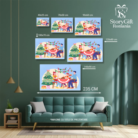 Tablou Canvas Masa de Craciun in Familie, Mama cu Sortul Rosu si Tatal langa Fetita Frumoasa cu Bradul de Craciun 40x25CM [4]