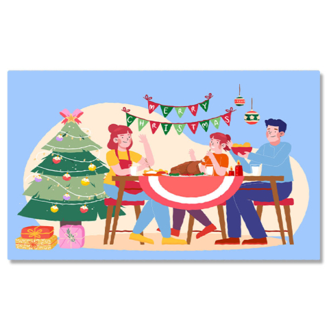 Abstract - Tablou Canvas Masa de Craciun in Familie, Mama cu Sortul Rosu si Tatal langa Fetita Frumoasa cu Bradul de Craciun 40x25CM