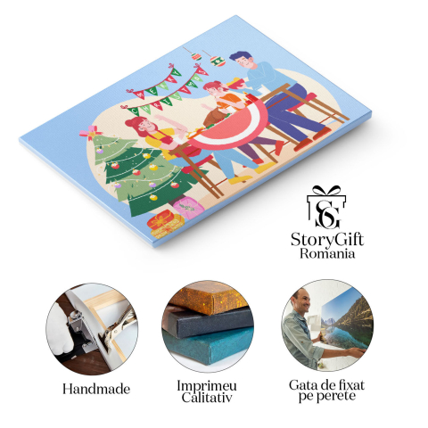 Tablou Canvas Masa de Craciun in Familie, Mama cu Sortul Rosu si Tatal langa Fetita Frumoasa cu Bradul de Craciun 40x25CM [1]