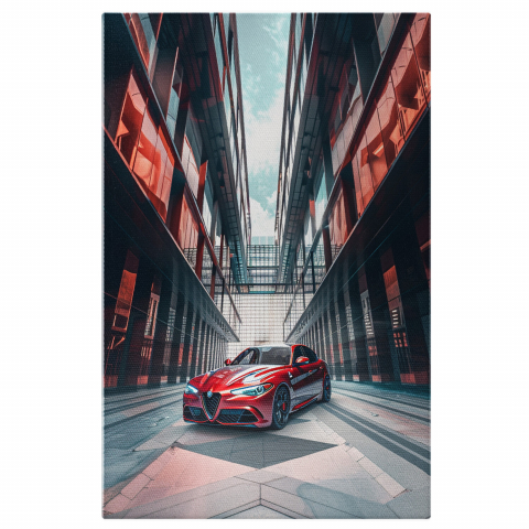 Alfa Romeo GTA Roșie Parcata între Clădiri cu Geamuri-Oglindă – Pictură Digitală, Marime 40x25CM