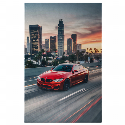 Vehicule - Tablou Canvas - BMW Roșie în Viteză pe Stradă cu Clădiri și Palmieri, Marime 40x25CM
