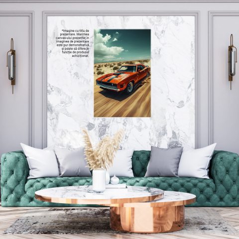 Tablou Canvas Mașină Portocalie de Colecție pe Drum Pustiu - Artă Digitală, Marime 40x25CM [2]