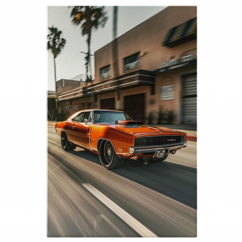 Mașină de Epocă Portocalie pe Stradă cu Palmieri - Tablou Canvas, Marime 40x25CM