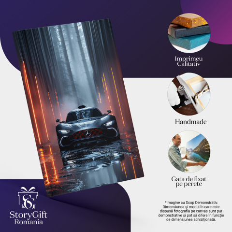 Mercedes Negru cu Farurile Aprinse în Pădure - Pictură Digitală, Marime 40x25CM [1]