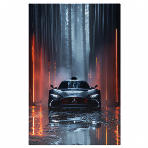 Mercedes Negru cu Farurile Aprinse în Pădure - Pictură Digitală, Marime 40x25CM