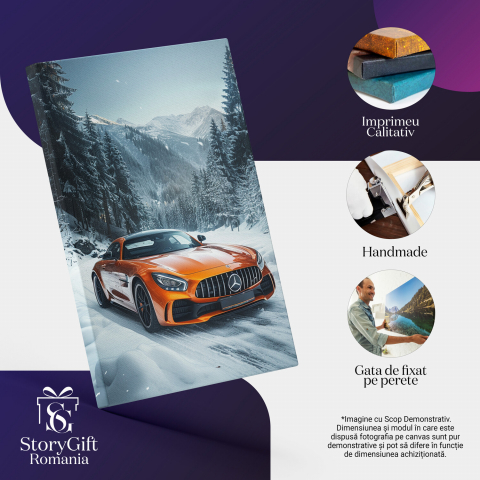 Tablou Canvas Mercedes Portocalie pe Drum Înghețat în Pădure, Marime 40x25CM [1]