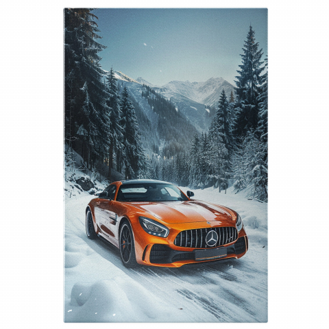 Tablou Canvas Mercedes Portocalie pe Drum Înghețat în Pădure, Marime 40x25CM
