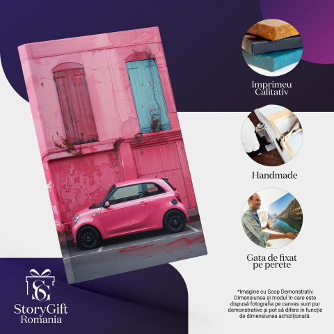 Mașină Mică Roz Barbie lângă Perete Vechi Roz cu Ușă Albastră, Marime 40x25CM [1]