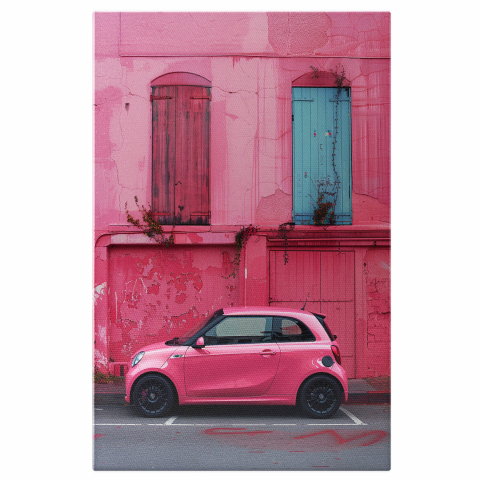 Mașină Mică Roz Barbie lângă Perete Vechi Roz cu Ușă Albastră, Marime 40x25CM