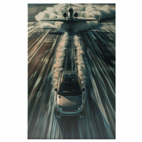Gray Range Rover in Front of an Airplane Ready for Takeoff – Digital Art, Marime 40x25CM