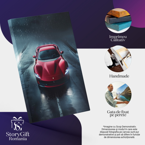 Ferrari Roșu pe Stradă Umedă - Tablou Canvas, Marime 40x25CM [1]