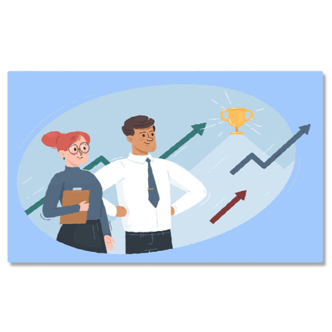 Meserii - Tablou Canvas Membrii Mandrii ai Firmei la Realizarile si Profitului cu Sageti Colorate si Cupa Aurie 40x25CM