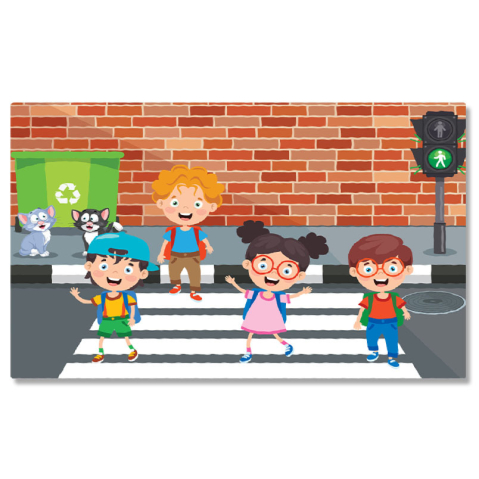 Diverse - Tablou Canvas Mersul pe Trecerea de Pietoni, Patru Copii Danseaza pe Trecerea de Pietoni Priviti de Doua Pisici 40x25CM