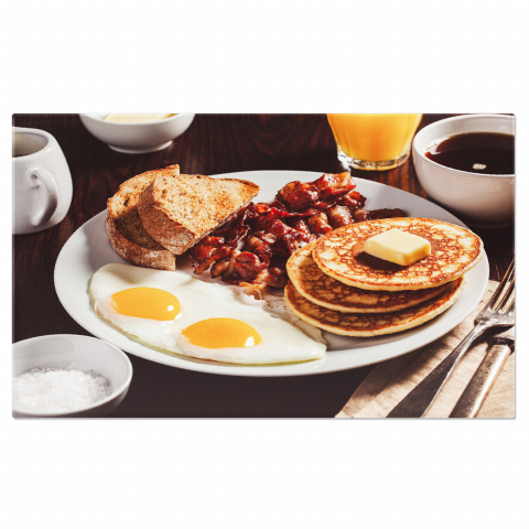Tablou Canvas Mic Dejun Bogat cu Bacon, Oua și Pâine Prajită - Compoziție Culinara Savuroasă, Marime 40x25CM
