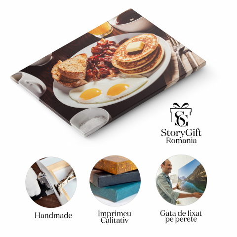 Tablou Canvas Mic Dejun Bogat cu Bacon, Oua și Pâine Prajită - Compoziție Culinara Savuroasă, Marime 40x25CM [1]