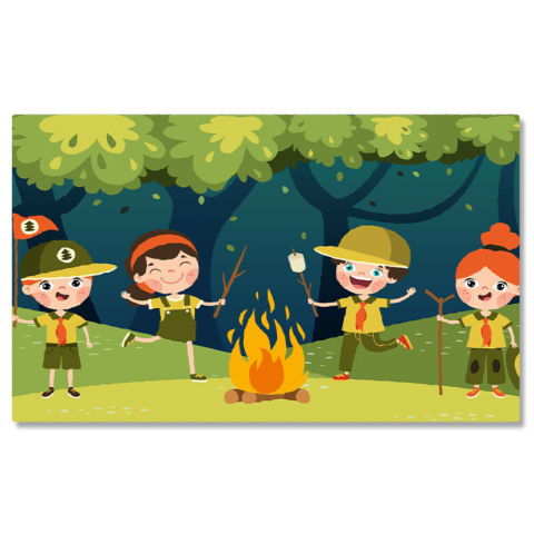 Tablouri Canvas - Tablou Canvas Micii Cercetasi Adorabili in Costum Verde cu Cravata Portocalie fac Foc de Tabara 40x25CM