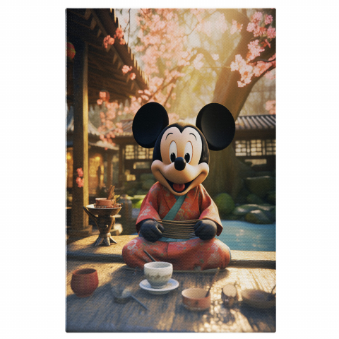 Personaje Desene Animate - Mickey Mouse Japonez Savurând Ceaiul lângă Templu și Râul Mic, Marime 40x25CM