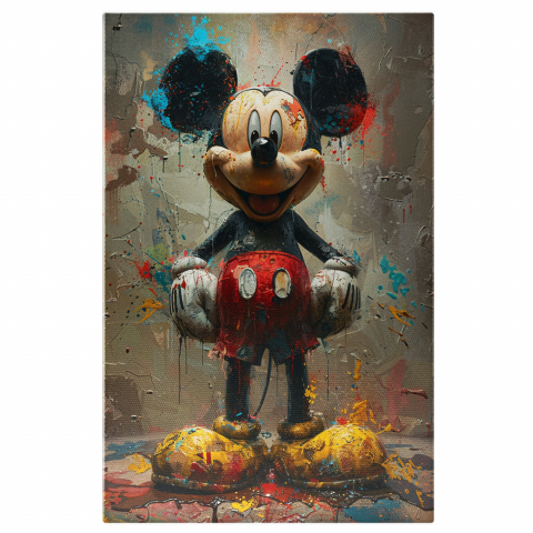 Personaje Desene Animate - Mickey Mouse Zâmbind în Pictură cu Pete de Culoare - Tablou Canvas, Marime 40x25CM