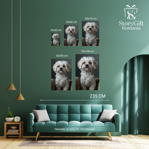 Tablou Canvas  Micul Catel Alb care sta pe Fotoliu cu Ochii Negri Luminosi si Nasul Mic se uita Atent  , Pictura Digitala 40x25CM [3]