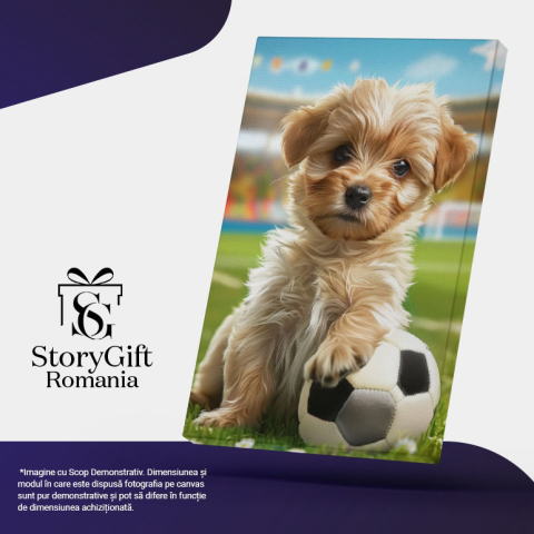 Tablou Canvas Micul Yorkshire Terier se Joacă pe Stadionul Verde cu Mingea de Fotbal , Pictura Digitala 40x25CM [4]