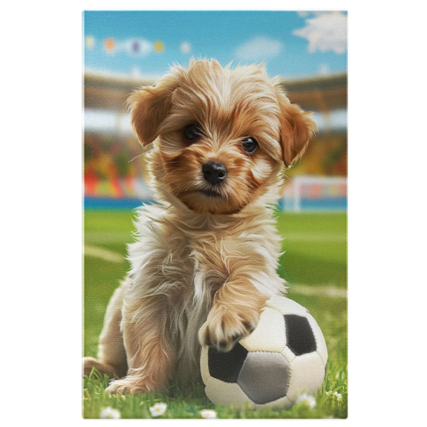 Câini - Tablou Canvas Micul Yorkshire Terier se Joacă pe Stadionul Verde cu Mingea de Fotbal , Pictura Digitala 40x25CM