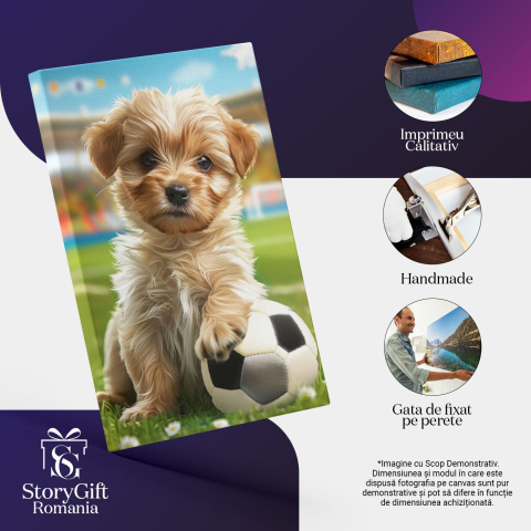 Tablou Canvas Micul Yorkshire Terier se Joacă pe Stadionul Verde cu Mingea de Fotbal , Pictura Digitala 40x25CM [2]