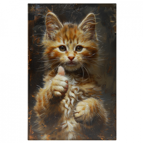 Pisici - Pisicuță Alb-Portocalie cu Ochi Verzi și Semnul OK, Marime 40x25CM