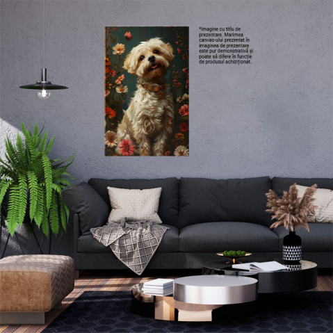Tablou Canvas  Micutul Caine Alb cu Zgarda Maro si Ochii Rotunzi Caprui Incercuit de Floricele Parfumate , Pictura Digitala 40x25CM [1]