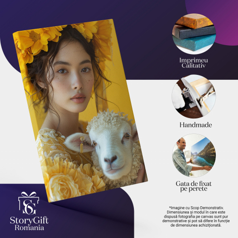 Tablou Canvas Miel cu Ochii Căprui și Lana Pufoasă lângă Fata Îmbrăcată în Galben, Marime 40x25CM [1]