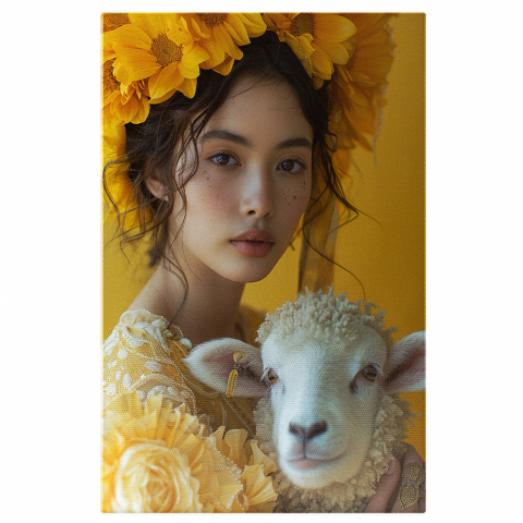 Tablou Canvas Miel cu Ochii Căprui și Lana Pufoasă lângă Fata Îmbrăcată în Galben, Marime 40x25CM