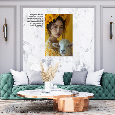 Tablou Canvas Miel cu Ochii Căprui și Lana Pufoasă lângă Fata Îmbrăcată în Galben, Marime 40x25CM [2]