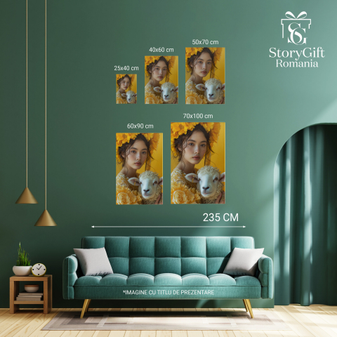 Tablou Canvas Miel cu Ochii Căprui și Lana Pufoasă lângă Fata Îmbrăcată în Galben, Marime 40x25CM [3]