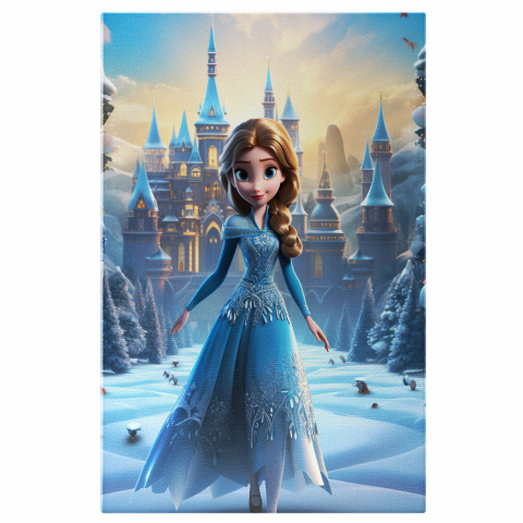 Personaje Desene Animate - Ana Frozen cu Păr Blond și Rochie de Gheață în Curtea Regatului - Pictură Digitală, Marime 40x25CM