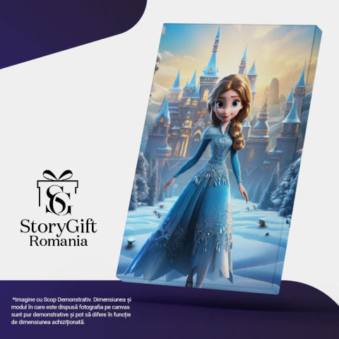 Tablou Canvas:  Minunata Elsa cu Parul Blond si Ochii Mari in Rochie de Gheata Albastra Plimbandu-se in Curtea Regatului Pictura Digitala 40x25CM [4]