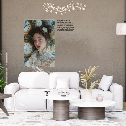 Tablou Canvas  Minunata Tanara cu Parul Saten si Ochii Blanzi cu Pistrui langa un Perete cu Ceasuri in Rochie , Pictura Digitala 40x25CM [1]