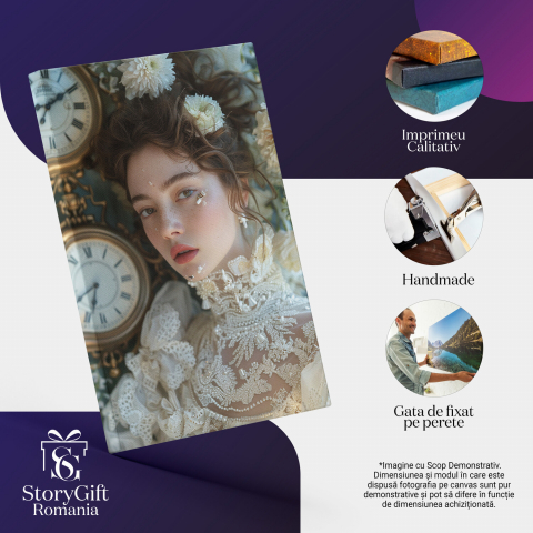 Tablou Canvas Femeie cu Păr Șaten și Pistrui lângă Ceasuri - Artă Digitală Decorativă, Marime 40x25CM [1]