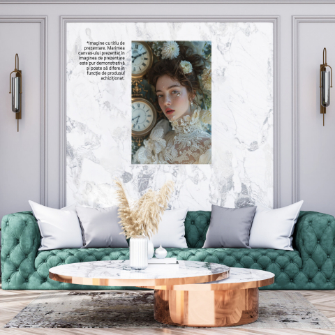 Tablou Canvas Femeie cu Păr Șaten și Pistrui lângă Ceasuri - Artă Digitală Decorativă, Marime 40x25CM [2]