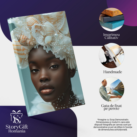 Misterul Mării - Tablou Canvas cu Portretul Fetei și Scoici, Marime 40x25CM [1]