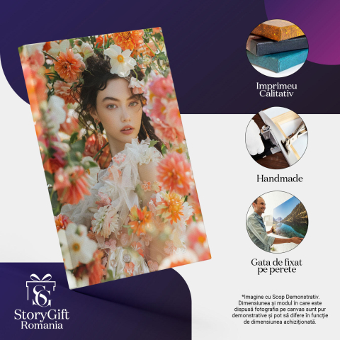 Tablou Canvas:  Model Feminin în Cadru Delicat cu Multe Flori- Feminitate și Eleganță Pictura Digitala 40x25CM [2]