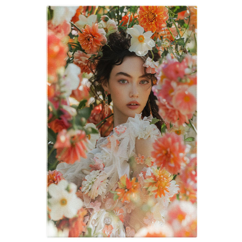 Portret - Tablou Canvas:  Model Feminin în Cadru Delicat cu Multe Flori- Feminitate și Eleganță Pictura Digitala 40x25CM
