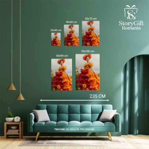 Tablou Canvas:  Model Feminin în Câmp cu Flori și Rochie Voluminoasă Bicolorată- Design Vestimentar Pictura Digitala 40x25CM [3]