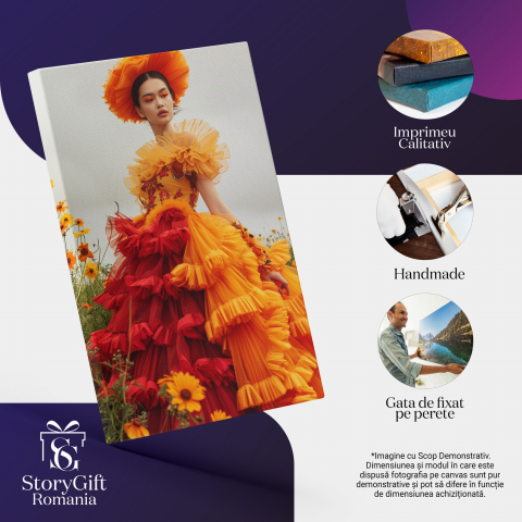 Tabloul canvas cu model feminin în câmp cu flori și rochie voluminoasă bicolorată, Marime 40x25CM [1]