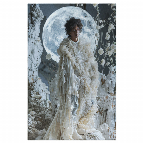 Modă - Model masculin în nuanțe de alb, rochie cu pluri și lună plină, Marime 40x25CM