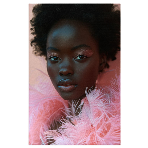 Portret - Tablou Canvas Modelul de Culoare Pozează În Rochie Roz din Pene cu Stil Portre Close Up , Pictura Digitala 40x25CM