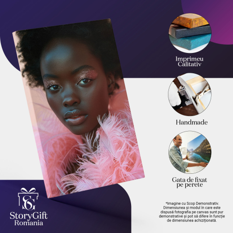 Tablou Canvas Modelul de Culoare Pozează În Rochie Roz din Pene cu Stil Portre Close Up , Pictura Digitala 40x25CM [2]