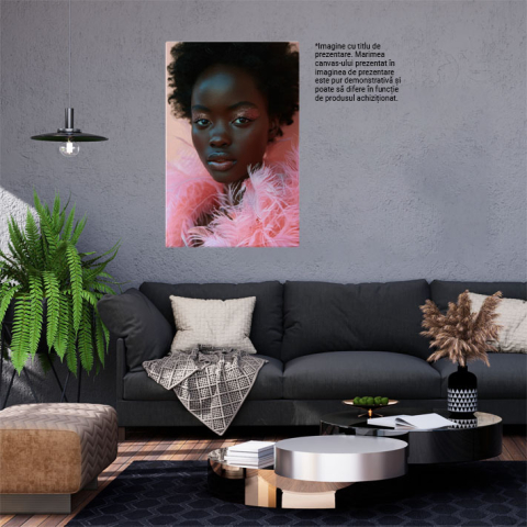 Tablou Canvas Modelul de Culoare Pozează În Rochie Roz din Pene cu Stil Portre Close Up , Pictura Digitala 40x25CM [1]