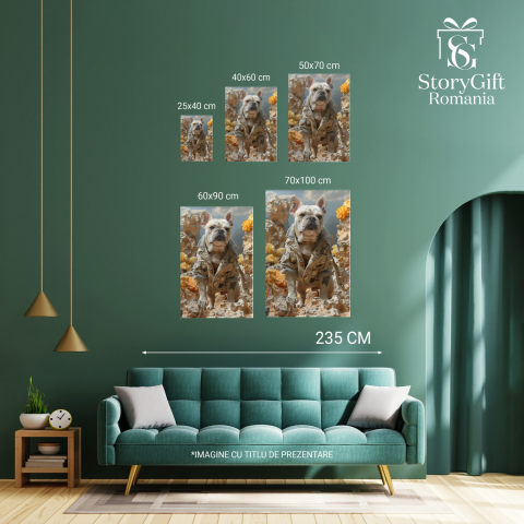 Modernismul Buldogului - Tablou Canvas cu Câine Îmbrăcat în Haine Umane pe Stânci Golașe, Marime 40x25CM [3]