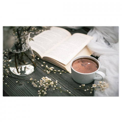 Marimea 40x25CM - Tablou Canvas, Moment intim cu cafea si flori de cires pe masa de lemn - primavara, vintage, romantic 40x25CM